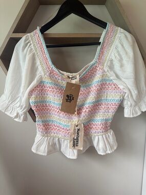 Savanna Jane White Crop Top with Pastel Smocked Bodice